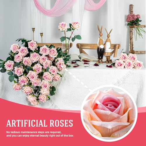 Ttranewsoo Fake Roses Faux Flowers Silk Roses Artificial Roses with Stems Realistic Artificial Flowers 16.5In Suitable for Indoor Home Decoration DIY Bouquet Wedding Decor Party Decor (Pink, 24PCS) - color: Pink 24pcs