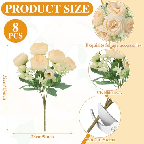 8 Pack Champagne Peonies Artificial Flowers, Cream Fake Silk Hydrangea Bouquet for Bridal Wedding Home Table Decor Reusable Dining Opening Ceremony Birthday Arrangement Faux Floral - color: Champagne