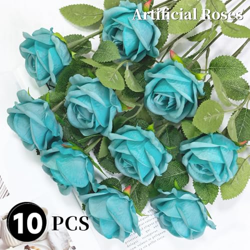 10 PCS Artificial Roses with Long Stems Silk Flowers Realistic Foam Flowers Fake Roses for Valentine's Day Autumn Fall Decor Halloween (Peacock Blue) - color: Peacock Blue