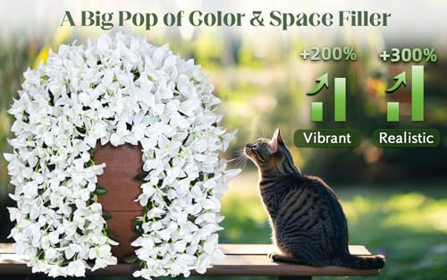 8 Pcs UV Resistant Artificial Flowers for Outdoors, Realistic Faux Silk Bougainvillea Flowers, Fake Hanging Plants for Porch Patio Balcony Decoration (White) - color: White, size: 8 Pcs