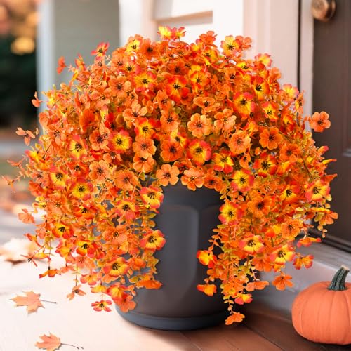 ZFProcess Artificial Fall Flowers for Outdoors, 2PCS Silk Fake Flowers Realistic Daisy Mums UV Resistant Porch Patio Window Yard Decor (Sunset Red) - color: Fall Orange Yellow