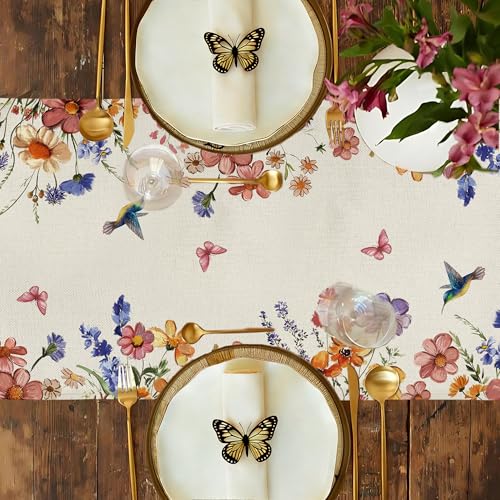 Spring Wildflowers Floral Table Runner Farmhouse Burlap Butterfly Seasonal Outdoor Summer Home Dining Centerpiece for Home Decor 13x72 Inch - color: Wildflowers, size: 13x72inch
