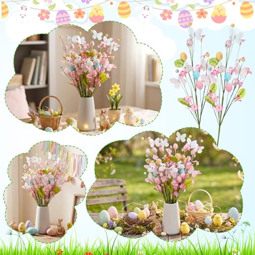 6 Pcs Artificial Easter Bunny Picks Stems Spring Berry Floral Tree Branches with Easter Egg Twig Branches Butterfly Decorative for Topiary Arrangement Centerpiece Celebration Home Vase Decor