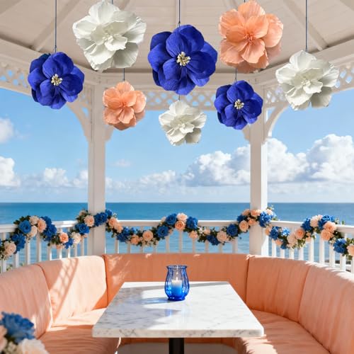BRT Bearingshui Crepe Paper Flowers Decoration for Wall Total 9 Pcs, Artificial Flowers Backdrop for Wedding Decor Baby Bridal Shower Birthday Party, Navy Blue Coral White 3D Wall Flowers Decor - color: Coral Navy Blue White