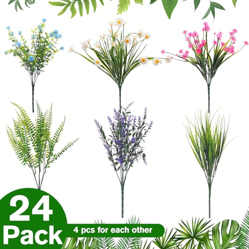 Cindeer 24 Bundles Artificial Flowers Planters Bulk for Outdoors, UV Resistant Artificial Fake Greenery Plastic Faux Flowers Plant Outdoor Indoor Spring Summer for Decors Wedding(Vibrant Color) - color: Vibrant Color