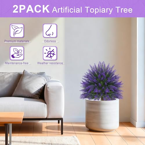 Artificial Lavender Topiary for Outdoors 2 Set of 16'' UV Resistant Evergreen Fake Shrubs Bushes with Ground Spike Topiary Ball Faux Plants for Outdoor Indoor Front Porch Garden - color: Lavender