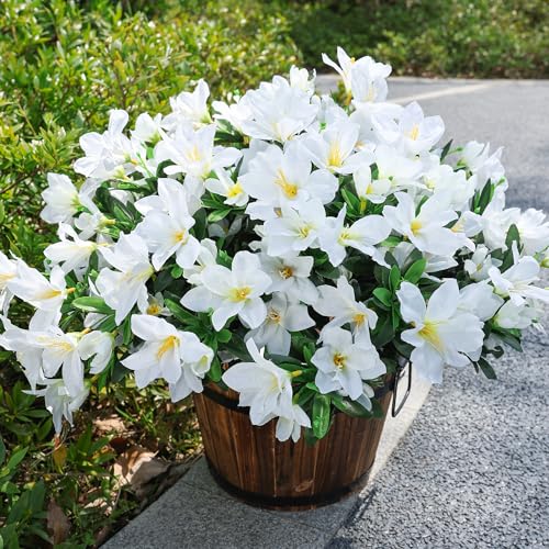 INSPRING Artificial Fake Spring Flowers for Outdoors Decoration, 3 Bundles Faux Azalea Plants Flower Look Real UV Resistant Silk Flowers for Outside Planters Patio Porch Garden Yard Window Home, White - color: White