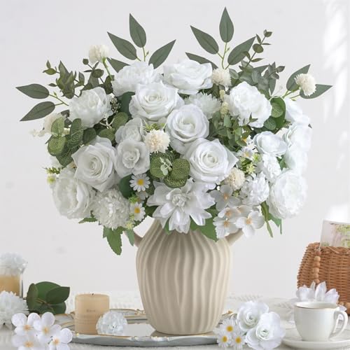 10 Pcs Mixed Artificial Flowers Set, Artificial Peony Bouquet Fake Rose Flower Silk Floral Arrangements for Table Centerpiece Home Wedding Party Bridal Vase Decoration(White, 6 Bouquets & 4 Stems) - color: White, size: Mixed 10pcs