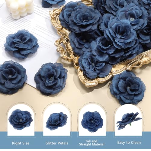 Yunlly 100 Pcs Artificial Flowers Fake Silk Roses Long Stem Rose Bouquet Wedding Party Home Decor for DIY Baby Shower Centerpieces Tables Home Decorations(Navy Blue) - color: Navy Blue