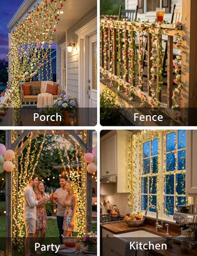 suddus 300 LED Artificial Flower Garland Pothos Vines Curtain Lights, Rose Vines Fairy Lights for Bedroom, Hanging String Lights for Wall, Room, Dorm, Wedding, Party, Indoor Decor 6.8ft x 6.5ft - color: Flower&Pothos, size: Plug In-300Led