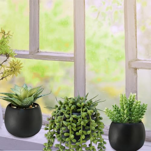 Winlyn Set of 3 Artificial Succulents Plants in Black Cement Planters Faux Potted Plants Aloe String of Pearls Donkey Tail Small House Plants 5" Tall for Table Shelf Home Office Bathroom Living Room - color: Black Cement Pots