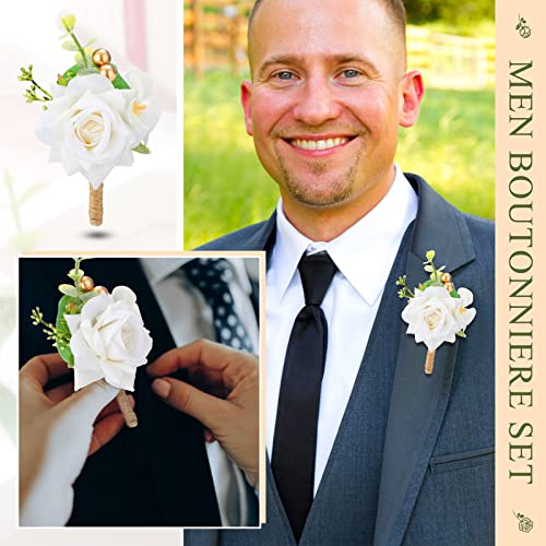 Sherr 20 Pcs White Rose Wrist Corsage and Boutonnier Set Wedding Flower Corsage Wristlet Band Bracelet Bridegroom Men's Boutonniere Wristlet Hand Flower for Wedding Bouquets Supplies - color: White