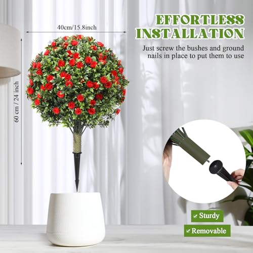 Lunmon 2 Pack 24" Artificial Topiary Ball Plants Trees with Flowers, Outdoor Fake Topiary Plants with Ground Spike, UV Resistant Faux Bushes for Indoor Outdoor Front Door Decor(Red,Rose) - color: Red, style: Rose