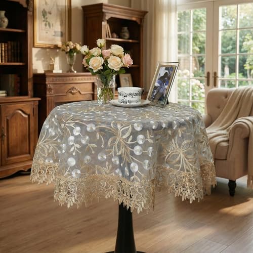 Lace Table Runner Floral Embroidery Fabric Rustic Table Runners Elegant Chic Table Transparent Cover for Home Dining Room Tabletop Decor Wedding Party Dresser (Champagne&White, 24 x 24 Inch(Round)) - color: Champagne&white, size: 24 x 24 Inch