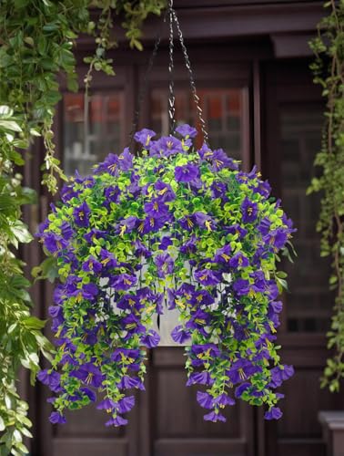 Musdoney 4PCS Artificial Hanging Flowers, Fake Hanging Plants Morning Glory Vines UV Resistant for Wall Home Room Garden Wedding Indoor Outdoor Spring Summer Decoration (Purple) - color: Purple