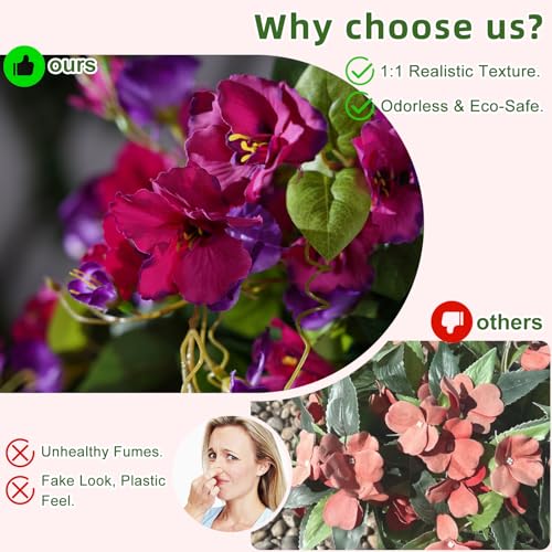 Hibiscus Artificial Hanging Flowers Plants for Outdoors 4 Pcs Fake Flower Faux Silk Hibiscus Long Trailing Vines Realistic Flower for Outside Front Door Porch Patio Balcony Garden Yard (4 Pcs Purple) - color: 4 Pcs Purple