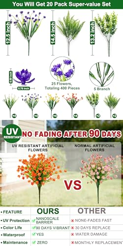 20 Bundles Artificial Flowers for Outdoors,Summer Spring Grass Camellia Fake Flowers Fern Plants Eucalyptus UV Resistant No Fade Greenery for Garden Porch Indoor Home Cemetery Fall Decor(Mix 6 Styles) - color: Mix 6 Styles, size: 20 Bundles