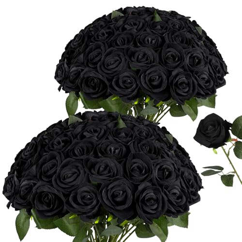 AmyHomie 48 PCS Black Roses Velvet Realistic Artificial Flowers with Bendable Stems for Wedding Bouquets Baby Shower Party Home Decor Fake Flowers Gifts for Valentines, Mothers Day, Womens Day - color: Black
