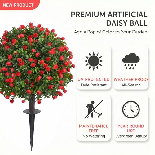 Dense Red Rose Artificial Topiary Ball Trees 24 Inch, Set of 2 Fake Plants with Ground Spike, UV Resistant No Fade Outdoor Faux Shrubs for Spring Garden, Patio, Porch, Yard, Indoor Decor - color: Rose