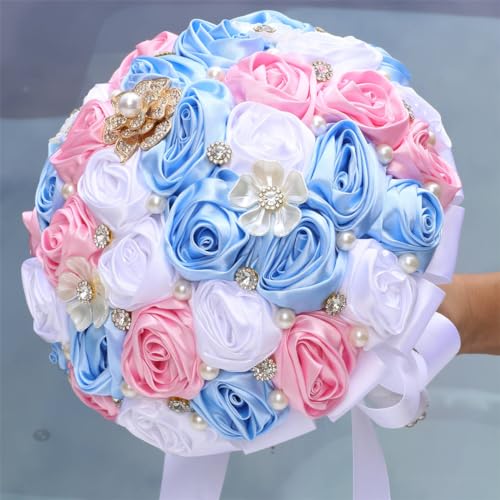 MaxxCloud 5.9‘’ Handmade Romantic Toss Bouquet for Bride Stunning Bridesmaid Brooch Wedding Bouquet with Jewelry Petals Blue Pink and White - color: Blue Pink+white, size: 5.9''/15cm