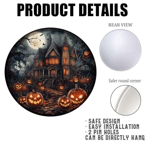 Halloween Metal Sign Halloween Horror Castle Vintage Round Tin Sign for Kitchen Garden Yard Bar Autumn Wreath Home Decor 8x8Inch