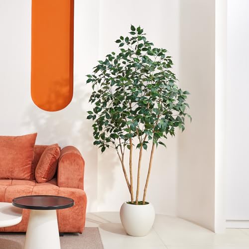 VeriNatural 6FT Artificial Ficus Tree with White Planter - Realistic Faux Ficus Tree with 900+ Silk Leaves, 3 Real Wood Trunks,Tall Fake Plant for Indoor Living Room, Office, Home Decor (72") - size: 6ft