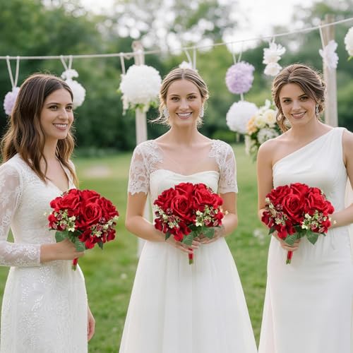 Bridesmaid Bouquets Set of 6, 7.5-Inch Wide Artificial Silk Rose & Hydrangea Wedding Bouquets for Party, Ceremony, Bridal Shower, Wedding Decor (Burgundy) - color: Burgundy