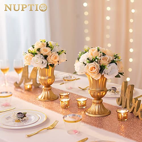 NUPTIO Flower Balls Table Centerpieces: Peachy Champagne & White Fake Rose | Artificial Floral Bouquet Arrangement 2 Pcs 9.5 inch for Wedding Bridal Shower Party Decorations - color: Peachy Champagne & White, size: 2 Pcs