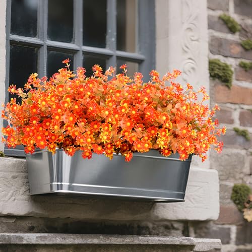 12 Bundles Artificial Fake Mums for Outdoors No Fade Fake Plants, UV Resistant Faux Plastic Fall Flowers for Home Planters Porch Garden Patio Window Box Yard Autumn Decor(Fall Red) - color: Orange, size: 12 Bundles