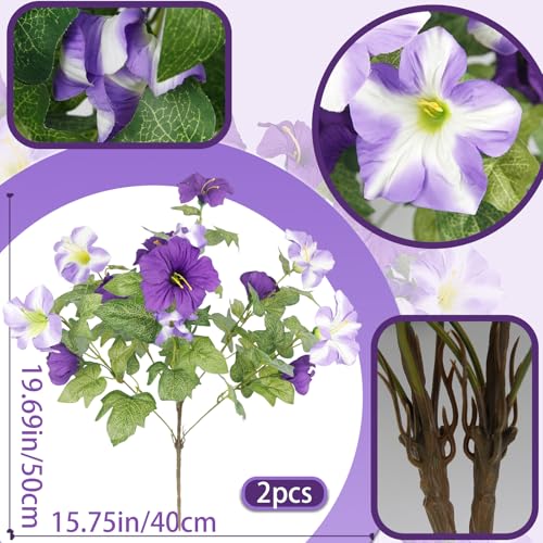 2 Pcs Artificial Flowers for Outdoors Fake Plants Outside Spring Summer Decoration Realistic Silk Morning Glory UV Resistant Faux Flowers for Planter Patio Yard Garden Porch Purple/Light Purple - color: Purple, Light Purple