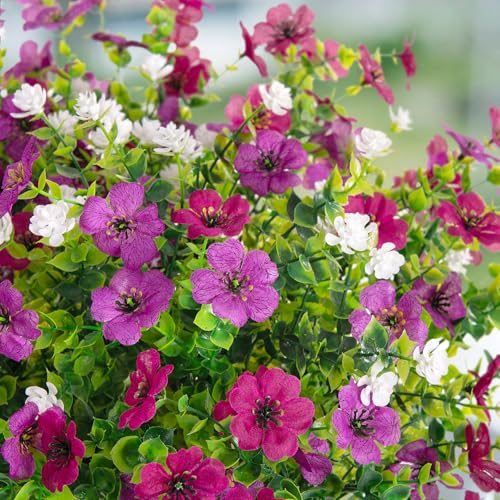 Ammyoo Artificial Flowers for Outdoors Spring Decoration, 12 Bundles Fake Flower Daisy with Realistic Eucalyptus Leaves, Faux Plants for Greenery Boxwood Porch Patio Garden Pot Lawn - color: Purple Purple-red White-boxwood