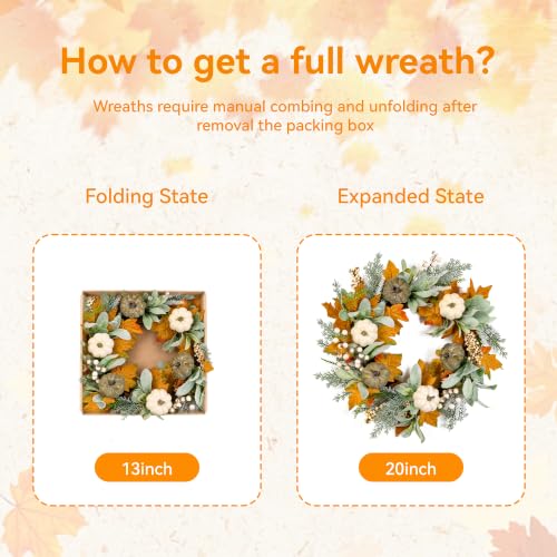 20" Fall Wreath Front Door Pumpkin Lambs Ear Maple Leaf Artificial Wall Decor Farmhouse Autumn Wreath Thanksgiving Home Porch Outdoor Indoor Holiday Harvest Decor - color: Clear, size: 20''