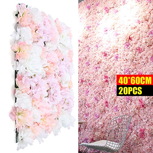 Pink Flower Wall Panels, 20 Pcs Artificial Rose Flower Backdrop Flower Panels for Backdrop Floral Wall Panels for Wedding Party Decoration 16 x 24 - color: 20pcs Pink White