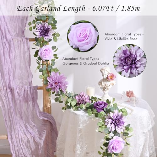 Waipfaru 2 Pcs Flower Garland, 6Ft Eucalyptus Garland with Flowers, Rose Floral Vines for Wedding Reception Table Mantle Room Spring Summer Decor (Purple) - color: Purple-6.07ft, size: 2 Pack