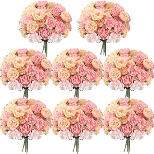 Geosar 8 Bundles Artificial Peonies Flowers Fake Silk Peony Bouquet Faux Peonies Flowers Bulk for Decoration Vase Floral Arrangements Wedding Party Table (Pink,Yellow) - color: Pink, Yellow
