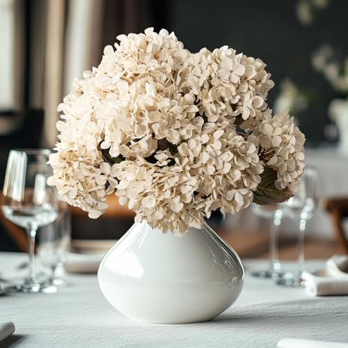 Artificial Flower Fake Silk Hydrangea Heads Bouquet with Stems Bulk for Fall Decoration Table Center Christmas Indoor Outdoor Faux Floral Realistic with Leaves Plants Crafts 8PCS(White) - color: White
