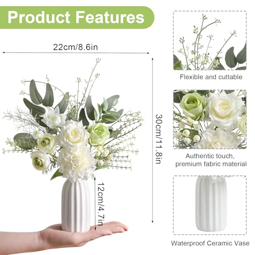 Small 11" Artificial Flowers in Ceramic Vase - White Green Silk Flower Centerpiece for Dining Table, Office, Wedding & Farmhouse, Home Decor Gifts - color: White Green