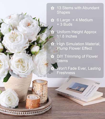 florisso White Austin Rose Faux Flowers - 13 Branches Silk Austin Roses for Home Decor, Wedding Arrangements & Vase Accents (Artificial Floral) - color: Austin-white