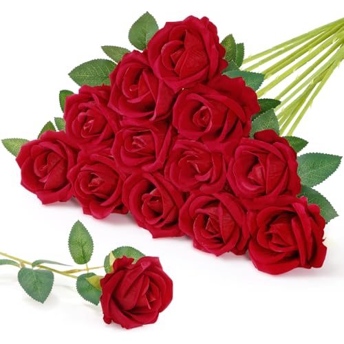 Lifewit Classic Red Artificial Roses Flowers, Faux Long Stem Silk Roses Bulky for DIY Wedding Bouquets Decoration, Centerpieces Arrangements, Velentine,12 Pcs - color: Red