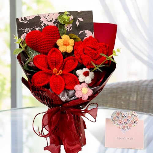 Crochet Flowers Bouquet - Crochet Tulips Roses Love Heart Daisies Knitted Flowers for Valentine's Day Anniversary Wedding Engagement Christmas Birthday Gifts Home Décor, Red - color: Z: Red - Love Heart