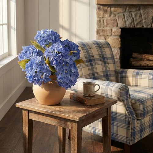 TOPIA Silk Fall Flowers Artificial Silk Dried Hydrangea Flowers Artificial Fall Flowers Bouquet Dried Flowers for Home Decor(6 PCS) (Blue) - color: Blue