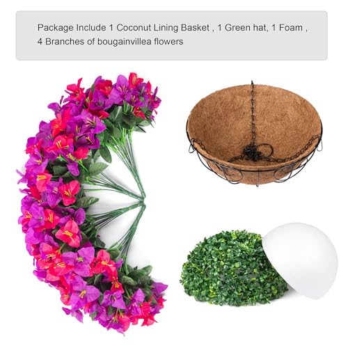 Artificial Hanging Flowers Plant with Basket for Outdoors, Fake Hanging Plants Silk Bougainvillea in Planter Look Real UV Resistant Faux Flower for Outside Porch Patio Garden Home Decor, PurpleHotpink - color: Purplehotpink