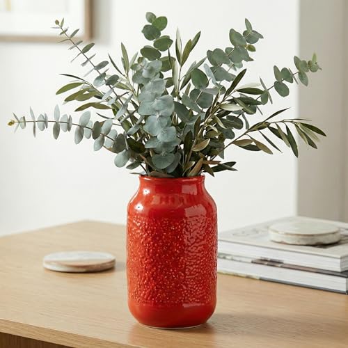 Red Ceramic Vase for Home Decor - 9 Inch Boho Modern Flower Vase for Pampas Grass, Pottery Decorative Vases for Centerpiece, Living Room, Mantle, Bookshelf, Table Decor - color: Red