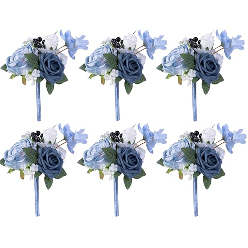 Dusty Blue Wedding Centerpieces Flowers Set of 6 Mini Bridesmaid Bouquets Posy Bouquet Pre-Made Wedding Flowers Centerpieces for Table Artificial Flowers - color: Dusty Blue