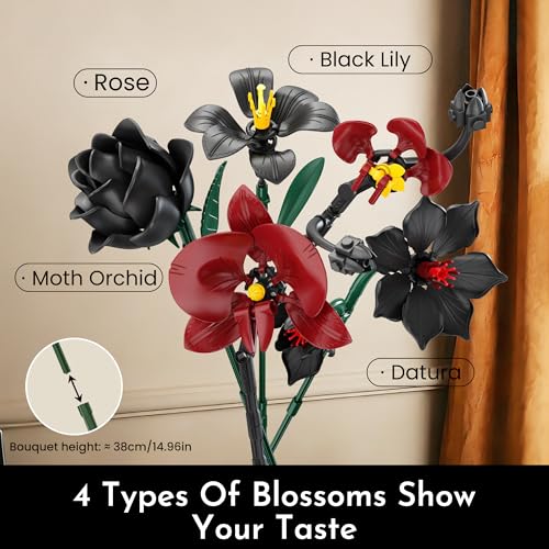 Orchid Rose Flower Bouquet Building Set for Adults, Gifts for Mom Wife Women Couple Girlfriend Teen, Artificial Floral Botanical Collection Gothic Decor for Home or Office (623 PCS) - color: Black and Red
