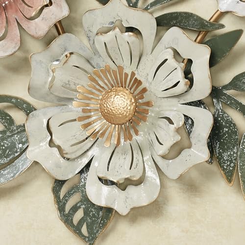 Floral Sway Wall Art Sculpture | Flower Blossoms | Bloom Metal Wall Art Decor | Hanging Wall Decor | Leaf | Pastel Pink Ivory Gold | Horizontal Vertical Nature | Handpainted | Dimensional Home Accent