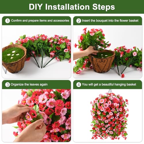 Homsunny Artificial Faux Hanging Flowers Plants Baskets for Outdoor Spring Summer Decorations,Resistant Fake Morning Glory Silk Plants for Outside UV Resistant Patio Yard Home Porch Decor(Rose red) - color: Rose Red