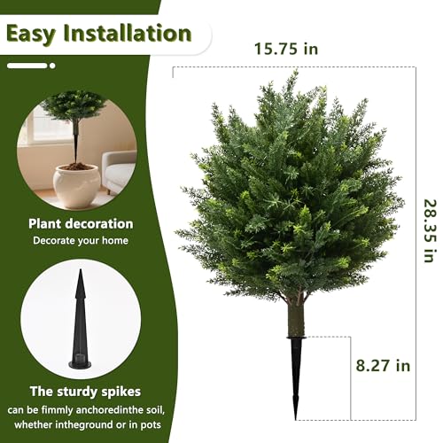 28" UV Resistant Artificial Shrubs for Outdoors - Real Looking Faux Bushes, Fake Cedar Trees, Outdoor Faux Ball Plants & Topiaries - Set of 2 Artificial Shrubs, Artificial Bushes for Garden Decor - color: Green Faux Bushes