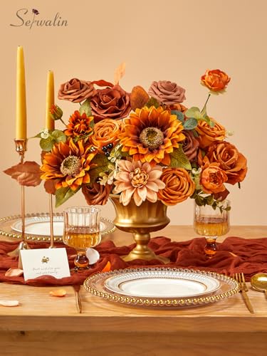 Serwalin Sunflower Artificial Flowers Burnt Orange Fall Flowers Fake Cake Flowers for DIY Wedding Bridal Bouquet Centerpieces Floral Arrangement Fall Decor Baby Shower Home Decor - color: B Orange Sunflower, size: 1 Box