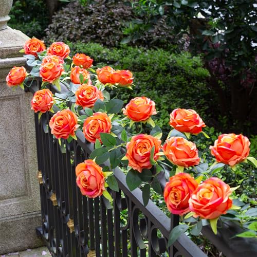 2Pcs 12Ft Bendable Artificial Flower Garland Faux Rose Vine Hanging Floral Garland for Wall Decor Trellis Fence Home Room Garden Wedding Decoration(Orange, 2pcs) - color: Orange, size: 2pcs